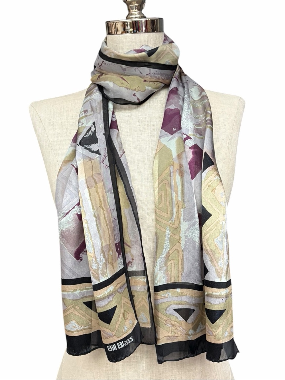 Vintage Bill Blass Silk Scarf Abstract Geometric Print Long Painterly Abstract - Picture 3 of 8
